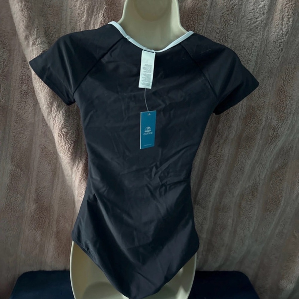 Cupshe Black One Piece Swimsuit with White Trim - Picture 2 of 2